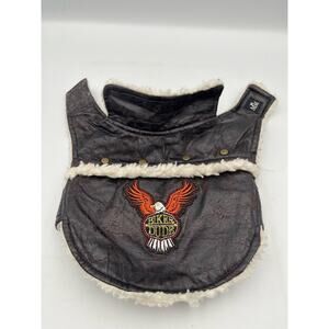 Dog Brown Vegan Leather Biker Patch Vest Jacket Sz M Fur Trim Hood Handsome Ve2